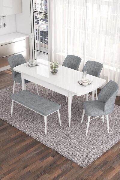 Canisa Concept Eva Serisi 80x132 Açılabilir Mdf Mutfak Masası Takımı Beyaz Masa 4 Gri Sandalye 1 Bench