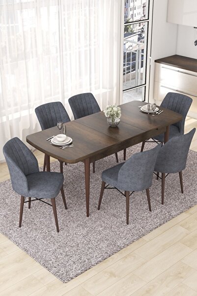 Canisa Concept Nef Serisi 70x114 Açılabilir Mdf Barok Ahşap Desen Masa Takımı Ve 6 Füme Sandalye