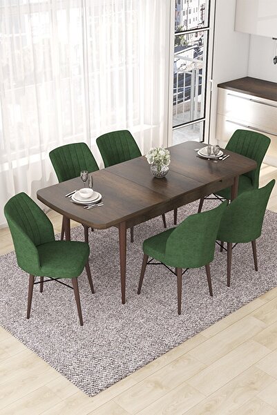 Canisa Concept Nef Serisi 70x114 Açılabilir Mdf Barok Ahşap Desen Masa Takımı Ve 6 Haki Yeşil Sandalye
