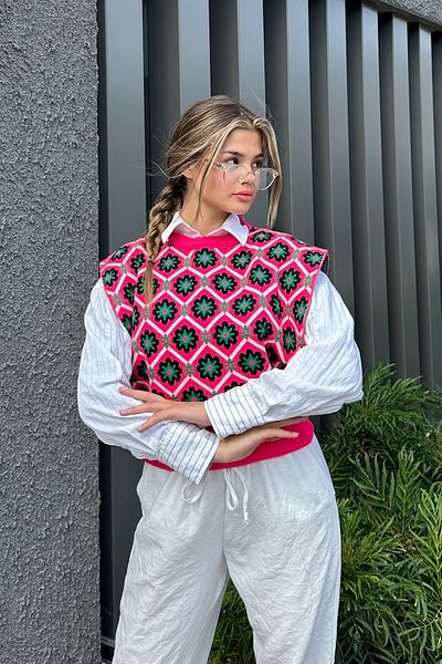 la & vetta Fuchsia Floral Patterned Pullover