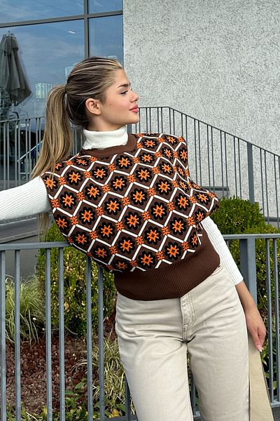 la & vetta Brown Floral Patterned Padded Look Sweater
