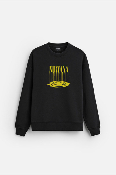 MODA سويت شيرت أسود كبير الحجم من القطن بدون قلنسوة مطبوع عليه فرقة موسيقية نيرفانا