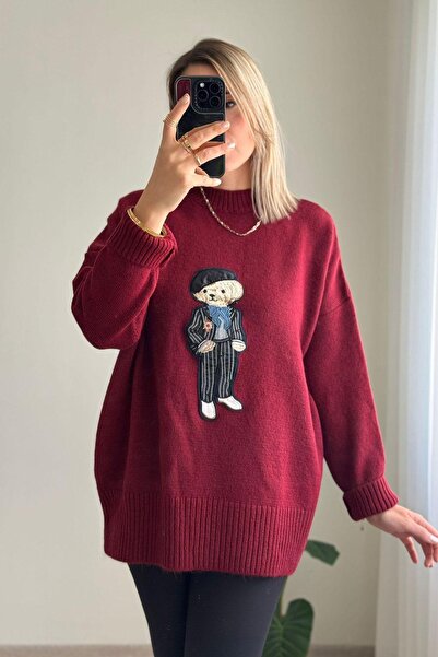 Kubos Moda Teddy Bear Crew Neck Burgundy Knitwear Sweater