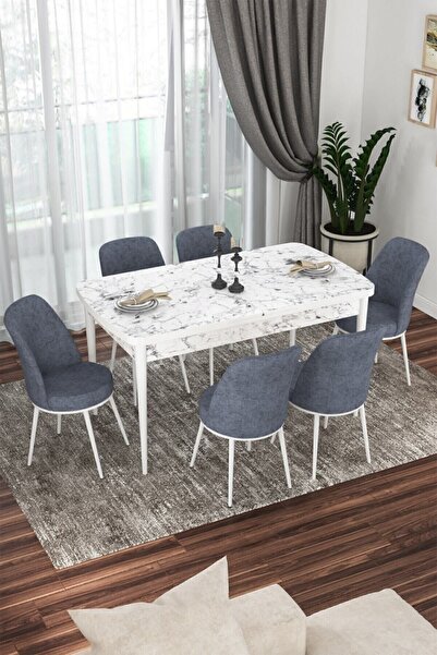 Kor Series 70x114 Openable Kitchen Table Set White Marble Pattern Table 6 Smoked Chairs