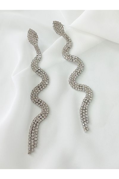 İPAR AKSESUAR Snake Metal Silver Earring with Zircon Stone