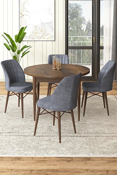 Canisa Rox Serisi Yuvarlak 90x90 Barok Ahşap Desen Masa Takımı Ve 4 Füme Sand...