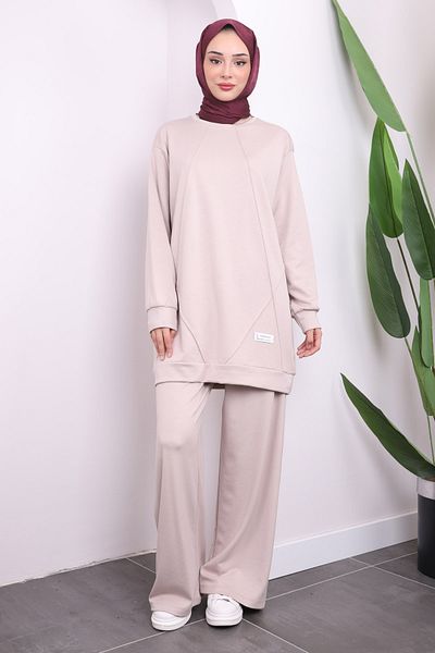 İmajButik Stone Crew Neck Modal Tunic Pants Suit