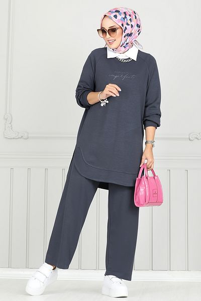 ModaMerve Anthracite Oyso Fabric Set - Side Slit Detail 1689Lna1042-M