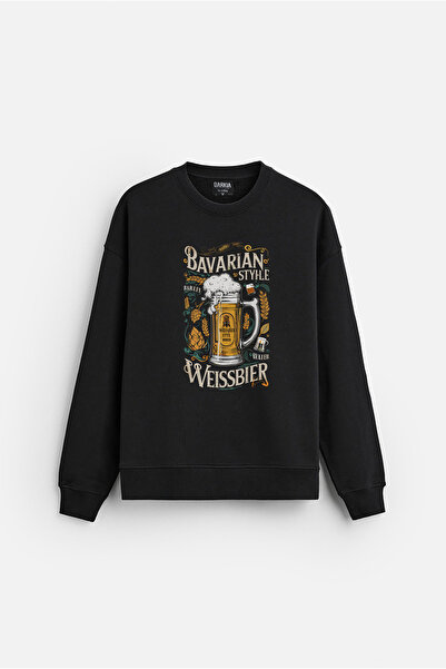 MODA سويت شيرت أسود مطبوع برقبة دائرية من القطن بدون غطاء للرأس