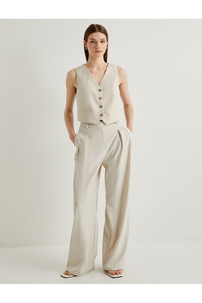 Koton V-Neck Linen Blazer Vest - Buttoned and Fleto Pocket
