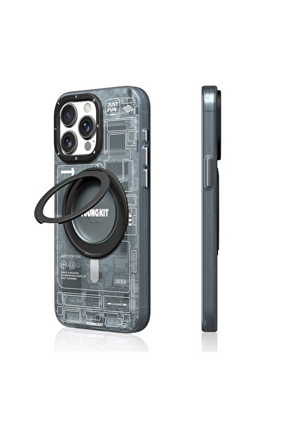 Youngkit iPhone 15 Pro Max Uyumlu Kılıf Magsafe Şarj Özellikli Youngkit 360° Standlı Technology Serisi Gri