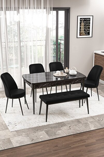 Canisa Concept Via Serisi Açılabilir Mutfak Masası Takımı Siyah Mermer Desen Masa 4 Siyah Sandalye 1 Bench
