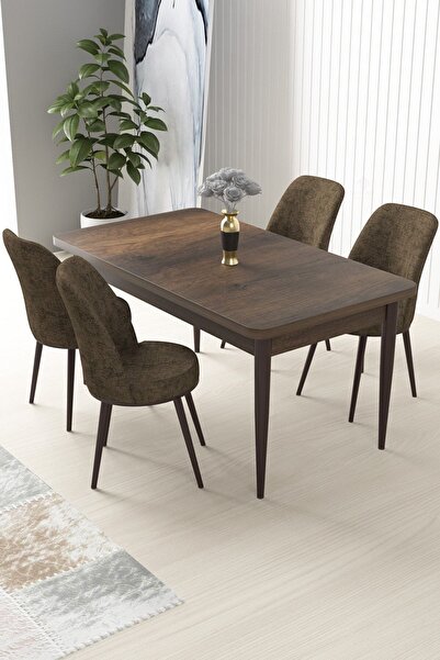 Canisa Nil Serisi 70x110 Sabit Barok Ahşap Desen Masa Takımı ve 4 Kahverengi Sandalye