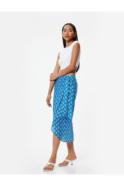 Koton Ethnic Patterned Midi Length Double Breasted Skirt - Lacing Detail