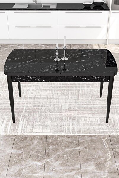 Canisa Concept Via Serisi Açılabilir Mutfak Masası Takımı Siyah Mermer Desen Masa 4 Siyah Sandalye 1 Zebra Bench