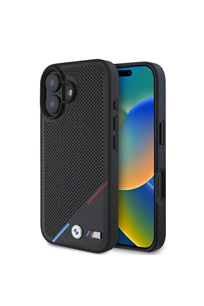 BMW İPhone 16 Plus Uyumlu Kılıf Bmw  Lisanslı Magsafe Özellikli M Logolu Üç Çizgili Delikli Deri Siyah