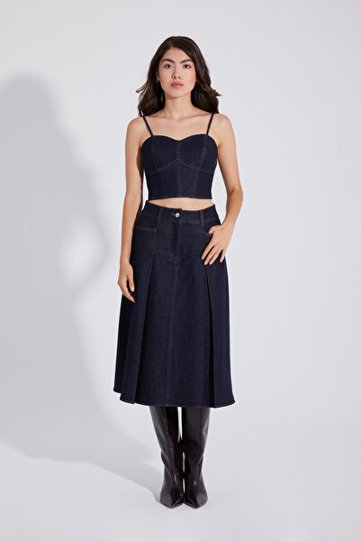 ONE8 %100 Pamuk İnce Askılı Arka Fermuarlı Denim Kot Top Bluz/Büstiyer