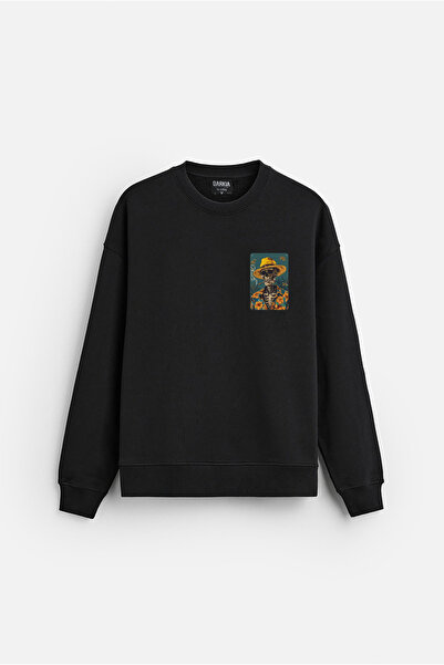 MODA سويت شيرت أسود كبير الحجم مصنوع من القطن بدون قلنسوة مطبوع عليه هيكل عظم...