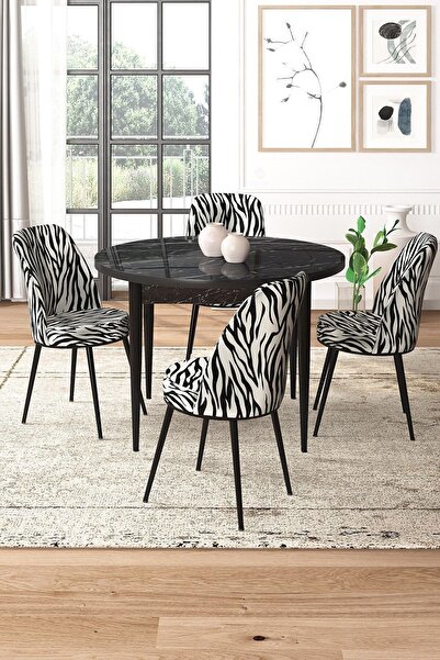 Canisa Tor Serisi Yuvarlak 90x90 Sabit Siyah Mermer Desen Masa Takımı ve 4 Ze...