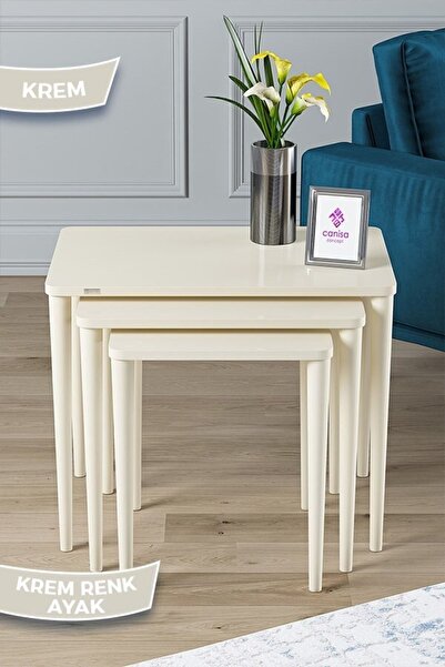 Canisa Via Serisi 1.sınıf Mdf Ve Lake Boya, Krem 3lü Zigon Sehpa Takımı, Krem Gürgen Ayaklar