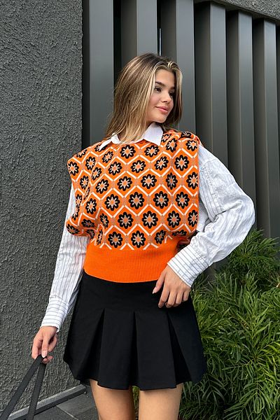la & vetta Orange Floral Patterned Pullover