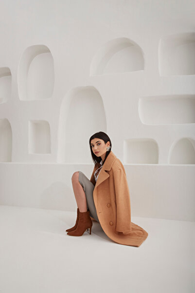 AYAKKABI PRENSİ Darker Tan Suede 8 cm Women's Boots & Bootie, Heeled Boots Suede