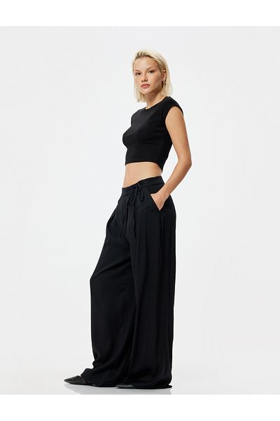 Koton Viscous Linen Mix - Wide Leg Trousers, Lacing Detail