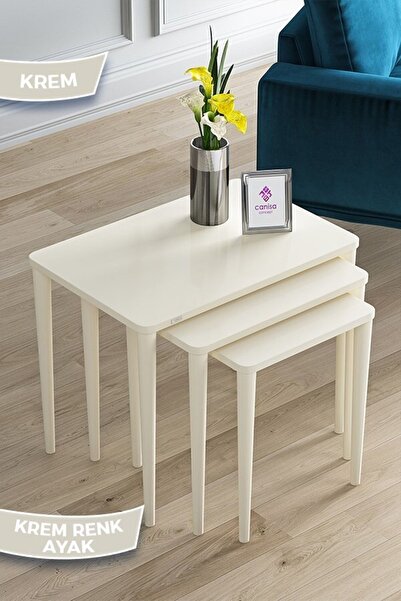 Canisa Via Serisi 1.sınıf Mdf Ve Lake Boya, Krem 3lü Zigon Sehpa Takımı, Krem Gürgen Ayaklar