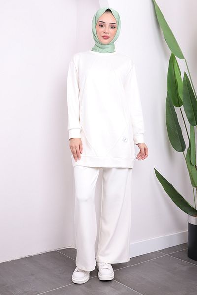 İmajButik Ecru Crew Neck Modal Tunic Παντελόνι Κοστούμι