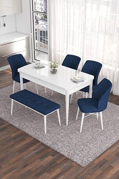 Canisa Eva Serisi 80x132 Açılabilir Mdf Mutfak Masası Takımı Beyaz Masa 4 Lacivert Sandalye 1 Bench