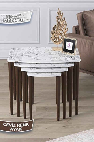 Canisa Telwe Serisi 1.sınıf Mdf Beyaz Mermer Desen 4lü Zigon Sehpa Takımı, Ce...