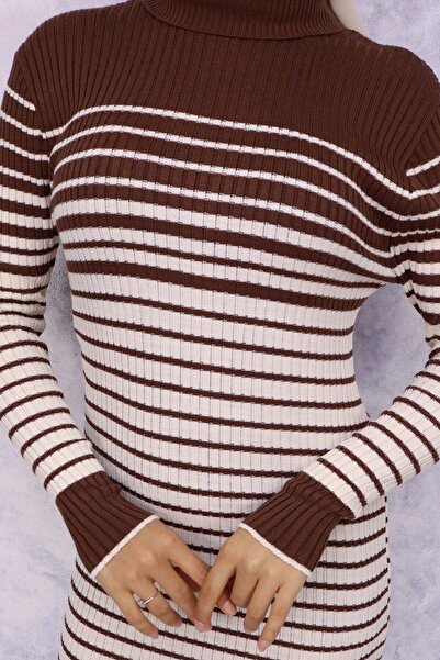 benguen 6143 Model Brown Turtleneck Striped Knitwear Dress