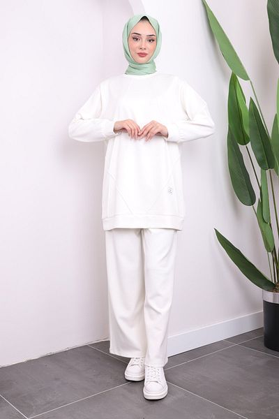 İmajButik Ecru Crew Neck Modal Tunic Παντελόνι Κοστούμι