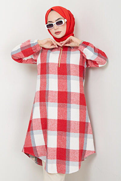 ModaMerve Plaid Print Half Zip Tunic - Red 6915S982-M