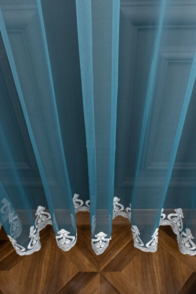 farbateks Perdele din tul plisat în 3 straturi, brodat în culoarea petrolului