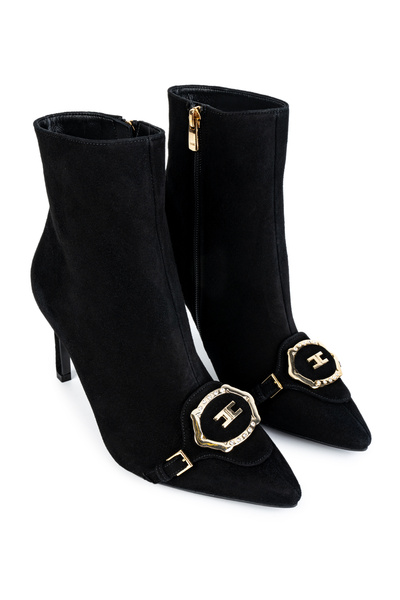 Cengiz Gümüş Siyah Süet  Altın Metal Toka Kadın Bot