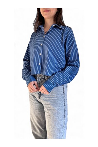 İrem Tekstil Mavi Crop Gömlek