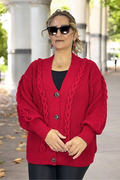 yagmurberen Hair Knitting Patterned Selanic Knitting Button V-Neck Large Size Knitting Cardigan