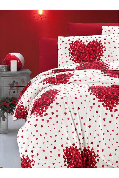 GÖRMEZ TEKSTİL Single Rome Red Heart Cotton Duvet Cover Set - with Elastic Sheets and Pillowcases