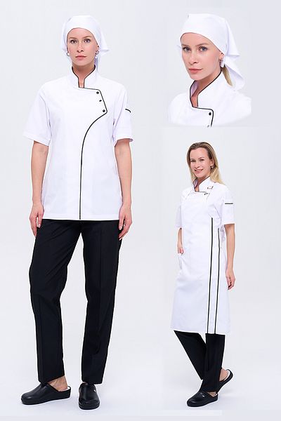 TIPTEKS Comfort Women's White Chef Jacket, Suspender Apron - Black Piping, Black Pants and White Triangle Bonnet Set
