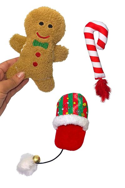 Miyav Set of 3 Cat Toys: Rustling Cookies, Pompom Slippers and Rattles Candy Cane