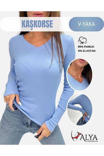 ALYA UNDERWEAR Hanorac de corp cu decolteu în V, țesătură cu nervuri, lycra, albastru deschis