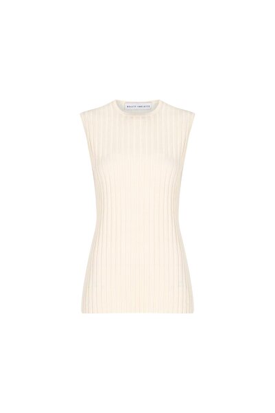 Beauty Omelette Ekru Ribli Yırtmaç Detaylı Kolsuz Kazak