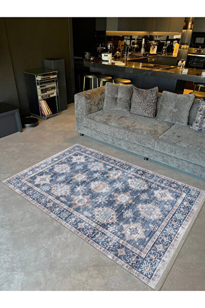 Rugs Modern Halı Asya Koleksiyonu Eskitme Görünümlü Mavi Gri Dokuma Taban Mod...
