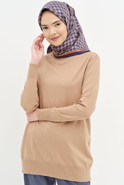 Tuğba Sıfır Yaka Basic Triko Kazak - Camel