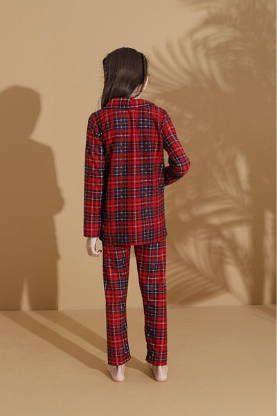 LİLA İÇ GİYİM Red Plaid Patterned Buttoned Girl's Pajamas Set