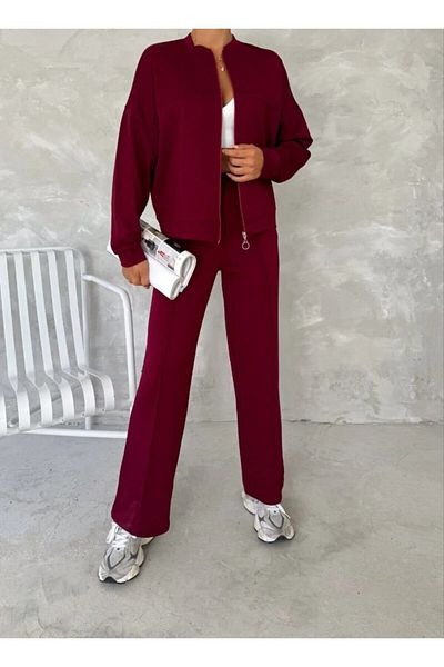 DeChival Women's Modal Tracksuit Set - Zipper and Zipper Model, Textured Fabric Tracksuit Set