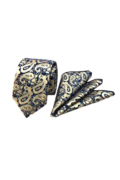 VENCHY Navy Blue Gold Shawl Pattern Handkerchief Tie 2120-4Mk
