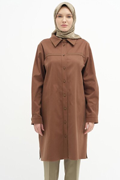 Tuğba Yaka Ve Robası Nakış Detaylı Canvas Tunik - Kahve