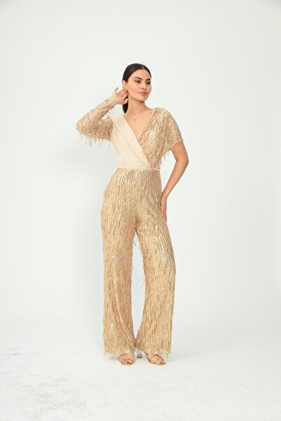 Aperla V-Neck Tassel Sequin Detailed Asymmetrical One Sleeve Evening Dress Jumpsuit